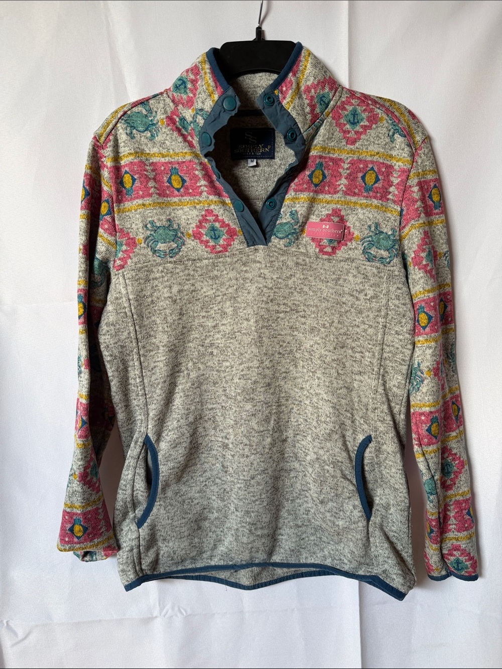 Simply Southern Gray Pullover with Pink & Teal Patterned